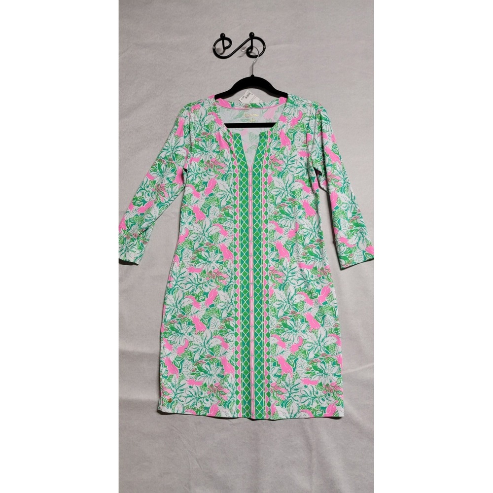 Pink/Green Floral And Parrot Print LS Lilly Pulitzer Short Dress Size S